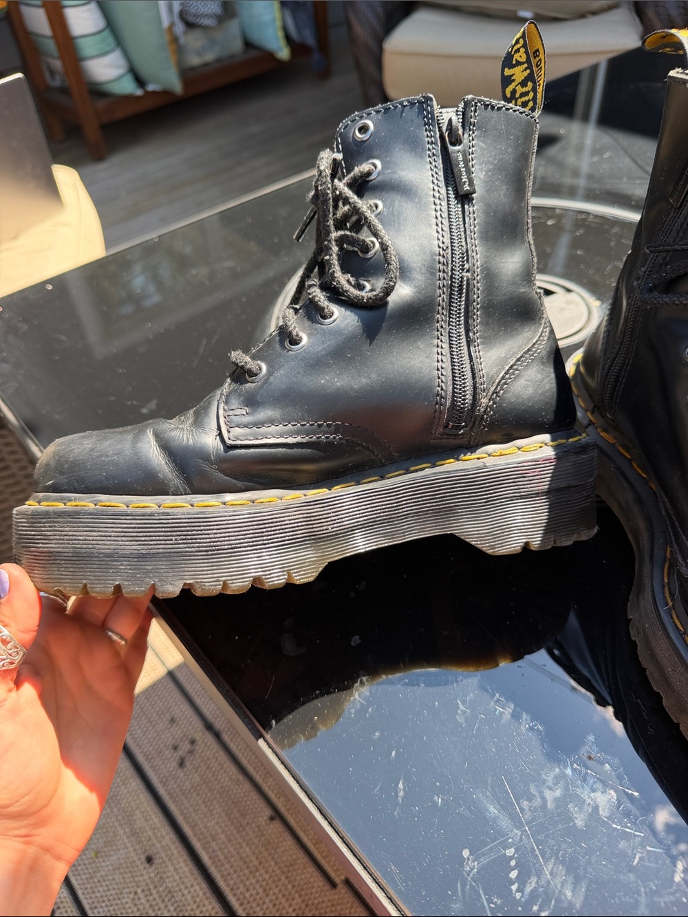 Dr. Martens Black Platform Lace-Up Boots with Yellow Heel Loop - Picture 3 of 11